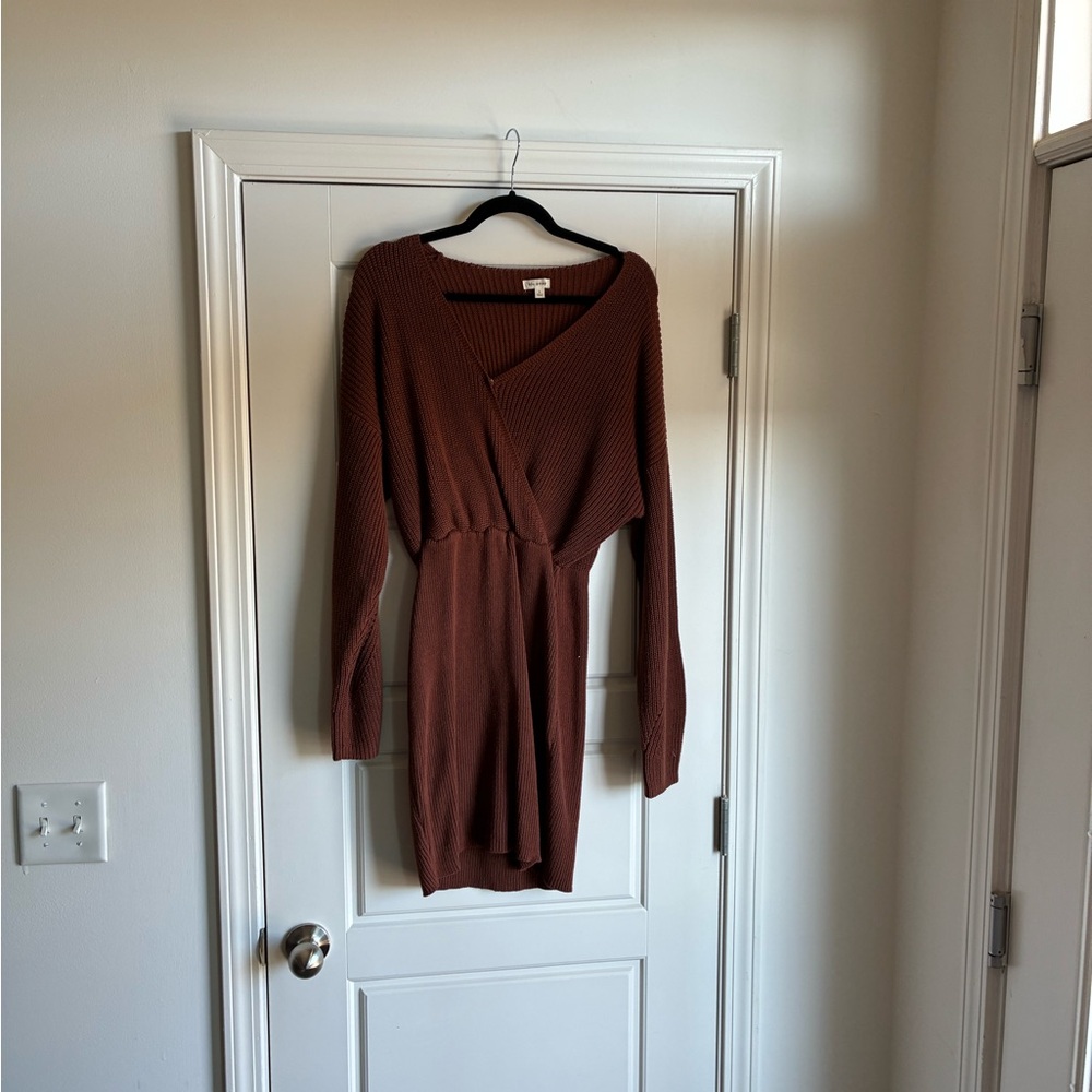Elegant Brown Faux Wrap Sweater Dress